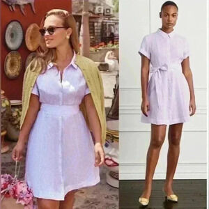 Hill House Shirt Dress XXS 0 Linen Pinstripe Lilac Button Belted Midi Shirtdress